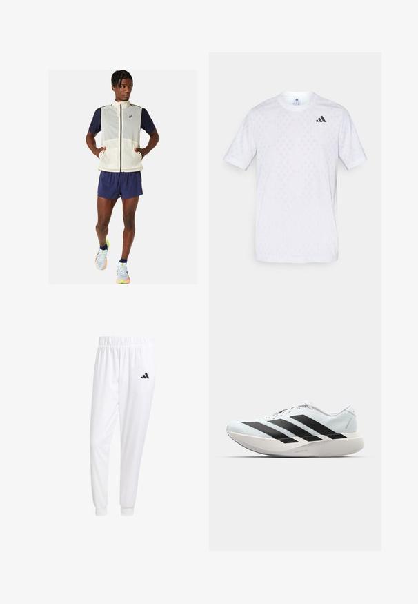 Lichte, mouwloze crèmekleurige vest met marineblauwe mouwen, voorzakken en een hoge kraag. Gecombineerd met marineblauwe shorts en veelkleurige hardloopschoenen.; Witte t-shirt met korte mouwen, voorzien van een subtiel ruitpatroon, gemaakt van lichte stof, met een zwart adidas-logo op de borst.; Witte sportbroek van gladde stof, met een elastische tailleband en smalle taillebanden, voorzien van een zwart logo op de achterzak.; Lichte hardloopschoenen in lichtblauw met zwarte strepen. Beschikt over een soepele bovenkant, ronde neusstuk en dikke witte tussenzool met het label "LIGHTSTRIKE PRO."