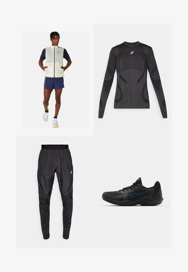 Canotta leggera senza maniche di colore crema con maniche blu scuro, tasche frontali e colletto alto. Abbinata a pantaloni corti blu scuro e scarpe da corsa multicolori.; Maglia sportiva a maniche lunghe in grigio scuro, con dettagli di design testurizzati in un grigio più chiaro. Collo a giro con logo sul petto.; Pantaloni sportivi neri con una cintura elastica, tasche laterali e pannelli di texture a contrasto sulle gambe. Logo Asics sull'anca.; ASICS SOLUTION SPEED FF 3 CLAY - da tennis per terra battuta - black/prism blue