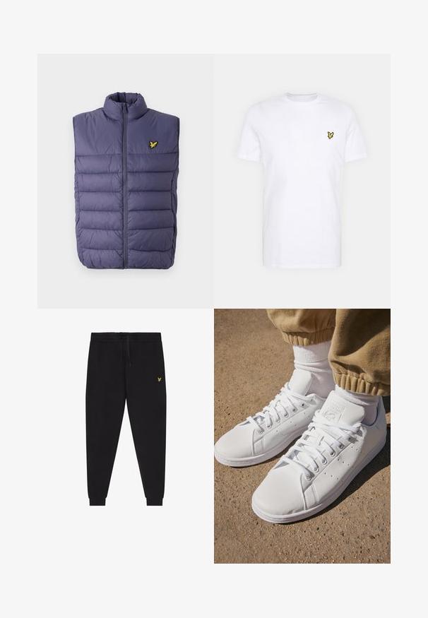 Fioletowa, wypchana kamizelka z wysokim kołnierzem i zamkiem błyskawicznym z przodu. Posiada poziome przeszycia oraz małe, żółte logo po lewej stronie.; Biała bawełniana koszulka z krótkim rękawem, z małym czarnym i żółtym haftowanym logo na lewej piersi. Okrągły dekolt.; Czarne spodnie dresowe z elastycznym pasem i sznurkiem, zwężane nogawki z mankietami oraz małe żółte haftowane logo na prawej udzie.; Białe skórzane sneakersy o gładkiej powierzchni, z klasycznym sznurowaniem, perforacjami zapewniającymi oddychalność oraz teksturowaną gumową podeszwą.
