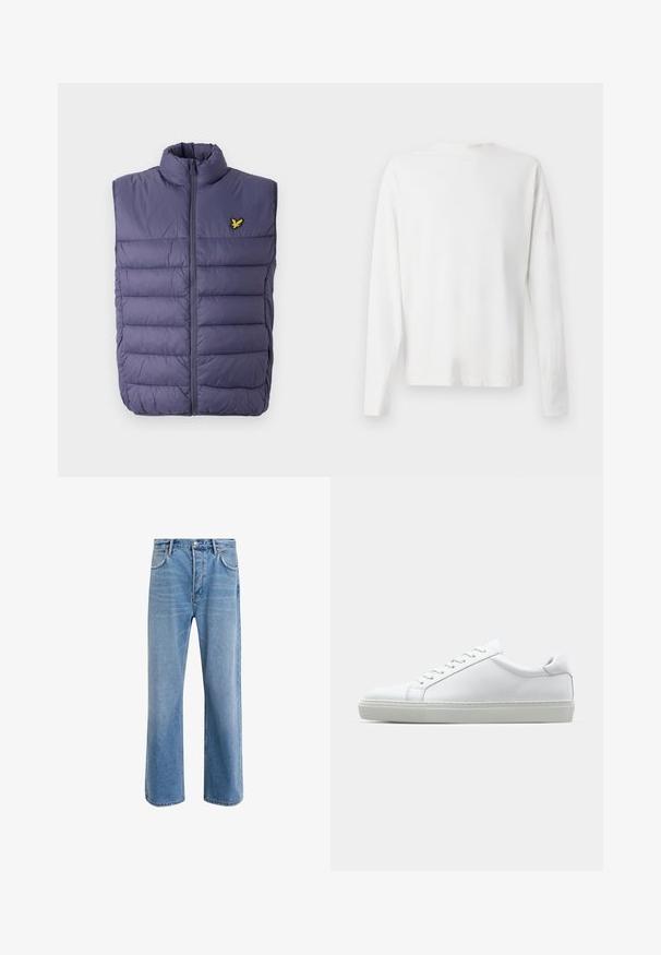 Vijolično podložena jopica z visokim ovratnikom in zadrgo spredaj. Ima vodoravno šivanje in majhen rumen logotip na levi strani.; Bela bombažna srajca z dolgimi rokavi in okroglo ovratnikom, z bočnimi razporki na dnu in gladko teksturo, prikazana s hrbtne strani.; Svetlo modre denim kavbojke s ravno nogavico, petimi žepi, z gumbom za zapiranje, minimalnim zbledelostjo in kontrastnimi šivi.; Bela športna obutev z gladkim usnjenim zgornjim delom in nizkim profilom. Ima zaokrožen nos, šest lukenj za vezalke in teksturiran gumijast podplat.