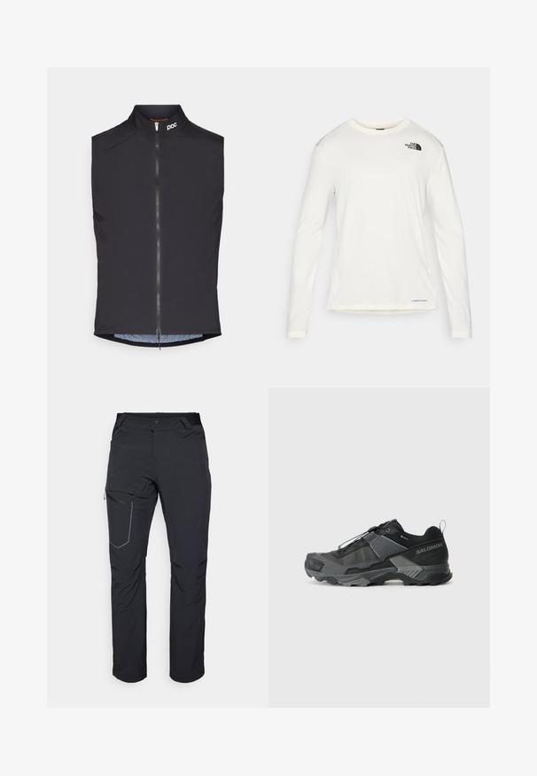Černá cyklistická vesta bez rukávů s vysokým límcem, předním zipem a logem POC; má síťovou vnitřní podšívku s jemným vzorem.; Bílá dlouhá košile s dlouhým rukávem a kulatým výstřihem, texturovaná látka, černé logo na levém rameni a decentní branding na spodním lemu.; Černé venkovní kalhoty s kapsou na stehně se zipem, elastickým pasem a hladkým, voděodolným materiálem. Čistý design bez viditelných log.; Černá trailová běžecká bota s odolným síťovaným svrškem, vyztuženou špičkou, texturovanou gumovou podrážkou a elastickým šněrovacím systémem pro bezpečné uchycení.