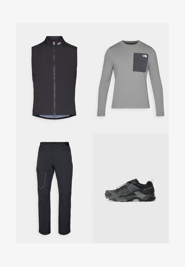 Melna bezsleeve riteņbraukšanas veste ar augstu apkakli, priekšējo rāvējslēdzēju un POC logo; piedāvā acs iekšējo oderi ar subtīlu rakstu.; Garais krekls ar garām piedurknēm un teksturētu audumu, ar tumši pelēku krūšu kabatu un rāvējslēdzēju. Uz kabatas ir balts logo.; Melni āra bikses ar rāvējslēdzēja sānu kabatu, elastīgu jostasvietu un gludu, ūdensizturīgu audumu. Tīra dizaina bez redzamām emblēmām.; Melnas taku skriešanas kurpes ar izturīgu sieta augšdaļu, pastiprinātu purngala daļu, teksturētu gumijas zoli un elastīgu šņorēšanas sistēmu drošai piegulšanai.