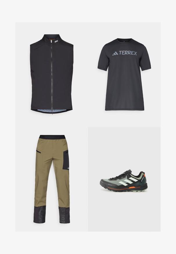 Svart ermeløs sykkelvest med høy krage, frontglidelås og POC-logo; har mesh-fôr med et subtilt mønster.; Svart t-skjorte med kort erm laget av lett stoff, med en lys grå "TERREX" logo på tvers av brystet og rund hals.; adidas Terrex XPERIOR FAST PANTS - Friluftsbukser - olive strata; Lettvekt løpesko for terrengløp med et grått og svart mesh-overdel, oransje detaljer og en robust såle for godt grep. Vanntett Gore-Tex fôr.