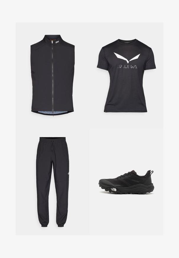 Black sleeveless cycling vest with a high collar, front zipper, and POC logo; features a mesh inner lining with a subtle pattern.; Black short-sleeve T-shirt with a large white logo resembling wings and the word "SALEWA" in gray underneath. Smooth fabric texture.; Black athletic pants made from lightweight fabric, featuring a drawstring waistband, side pockets, and tapered cuffs at the ankles.; Black trail running shoe with a textured upper, rubber sole, and reinforced toe cap. Features a padded collar and pull tab for easy wear.