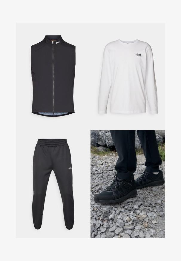 Mustaton hihaaton pyöräilyliivi, jossa on korkea kaulus, etuvetoketju ja POC-logo; sisältää verkkovuorin, jossa on hienovarainen kuvio.; Valkoinen pitkähihaisen T-paita, joka on valmistettu puuvillasta ja jossa on pyöreä kaula-aukko. Rintamuksessa on pieni musta logo. Sileä kangas, normaali malli.; Mustat collegehousut, joissa on nauhakuomu vyötäröllä, kapeneva fit, elastiset hihansuut ja pieni valkoinen logo vasemmassa reidessä, valmistettu sileästä kankaasta.; Mustat ulkokengät, joissa on verkko- ja synteettinen materiaali, teksturoitu päällinen, varma nauhoitusjärjestelmä ja kestävä pohja kivikkoisella maastolla.