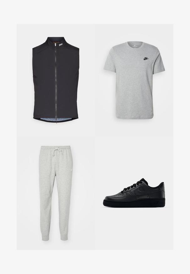 Svart ermeløs sykkelvest med høy krage, frontglidelås og POC-logo; har mesh-fôr med et subtilt mønster.; Grå t-skjorte med kort erme laget av bomull, med en svart Nike-logo på brystet og rund halslinning. Minimalistisk design uten mønstre.; Grå joggebukser laget av mykt materiale med elastisk midjebånd, snøring i livet og ribbestrikkede mansjetter. Har en liten logo på siden.; Svart Nike Air Force 1-sneaker med en glatt skinnoverdel, perforert tå for pusteevne, svarte snørebånd og en teksturert gummisåle.