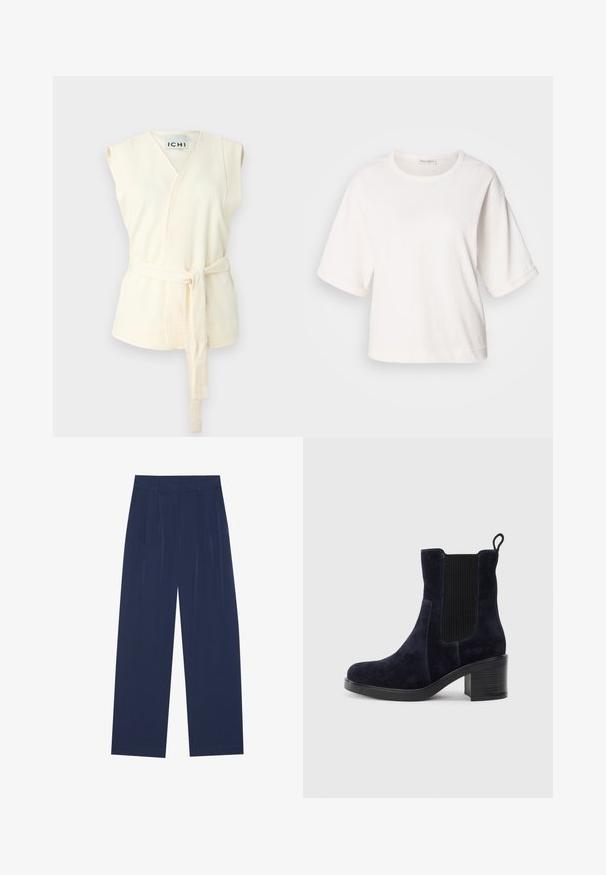Elfenben fotsid wrap topp uten ermer med belte i livet, med teksturert stoff og V-halsdesign. Ingen tilleggsmønstre eller dekorelementer til stede.; Hvit bomull t-skjorte med en avslappet passform, korte oppbrettede ermer, rund hals og en glatt tekstur. Enkel, minimalisk design.; Marineblå bukser med vide ben laget av mykt stoff, med frontfolder, en glatt tekstur og en rett passform uten synlige lommer.; Mørkeblå skinn ankelsko med elastisk sidepanel, avrundet tå og blokkhelt. Tekstilt stoff og glatt såle gir kontrast.