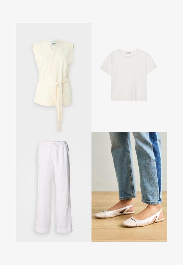 Kreminė be rankovių suknele su juostele, kuri turi tekstūruotą audinį ir V formos iškirpimą. Nėra jokių papildomų raštų ar puošmenų.; Balta trumpa rankovė T-marškiniai, pagaminti iš minkštos medvilnės. Charakterizuojami apvali kaklo iškirpte ir laisvu siluetu. Švarus dizainas be matomų raštų ar akcentų.; Baltos lino kelnės su laisvu prsitvirtinimu, elastingu liemeniu ir virvele. Turi tiesias kojas ir sukurtus pakraščius, kad suteiktų atsipalaidavusį įvaizdį.; Šviesiai rožiniai slingback baleto bateliai su smailiu pirštu, pagaminti iš lygios odai panašios medžiagos. Yra išpjovimų detalės šonuose ir plokščias kulnas.