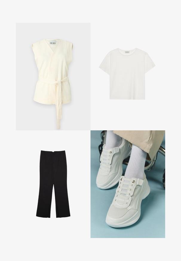 Kremowa bezrękawnikowa bluzka o kroju kopertowym z paskiem do wiązania, wykonana z fakturowanej tkaniny w dekolcie w kształcie V. Brak dodatkowych wzorów lub zdobień.; Biała koszulka z krótkim rękawem wykonana z miękkiej bawełny. Posiada okrągły dekolt i luźny krój. Czysty design bez widocznych wzorów czy akcentów.; Czarne spodnie o prostym kroju, z przednimi kieszeniami i bocznymi rozcięciami na dole. Wykonane z miękkiego, gładkiego materiału. Odpowiednie na różne okazje.; Białe sneakersy z siateczkowego materiału, gumową podeszwą, bezsznurowym designem z elastycznymi paskami oraz złotymi akcentami.