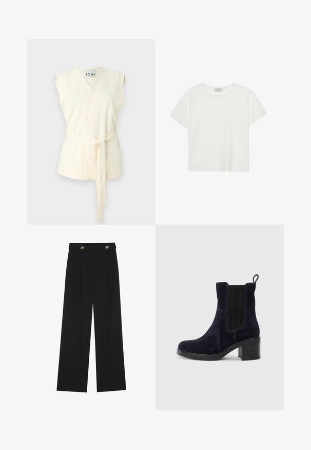 Ivory bez piedurknēm ietērps ar saišu jostu, ar strukturētu auduma virsmu un V-veida kakla izgriezumu. Nav papildu rakstu vai rotājumu.; Balts īsām piedurknēm T-krekls, kas izgatavots no mīksta kokvilnas. Tam ir apaļš izgriezums un brīvs piegriezums. Tīrs dizains bez redzamām rakstiem vai akcentiem.; Melnas platās bikses ar augstu jostasvietu, pogu detaļām uz jostas un priekšējām krokām.; Jūras zilas zamšādas potītes zābaki ar elastīgu sānu paneļu, noapaļotu purngalu un bloku papēdi. Tekstūrizēta auduma un gludas zoles salīdzinājums.