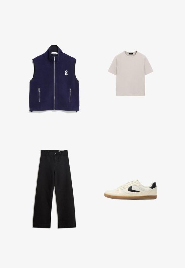 Marine-farbene Fleece-Weste mit hohem Kragen, frontalem Reißverschluss und zwei Reißverschlusstaschen; verfügt über ein weißes Logo auf der linken Brust und schwarzen Besatz.; Hellgraues Baumwoll-T-Shirt mit kurzen Ärmeln, Rundhalsausschnitt und bequemem Schnitt. Verfügt über minimale Nähte und keine sichtbaren Muster oder Akzente.; Schwarze weit geschnittene Jeans mit hoher Taille, ausgestattet mit Vorder- und Hintertaschen, gesteppten Nähten und einem Knopfverschluss. Glatte Textur.; Bershka Sneaker low - white