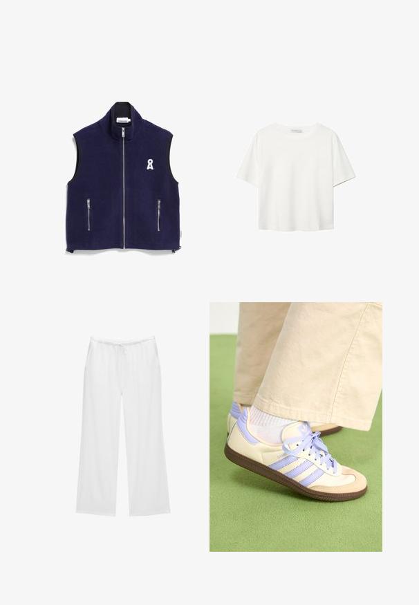 Navy fleece vest with a high collar, front zipper, and two zippered pockets; features a white logo on the left chest and black trim.; White short-sleeve t-shirt made of cotton. Features a crew neckline and a relaxed fit. Smooth texture with no visible patterns or accents.; White wide-leg pants made from soft fabric, featuring an elastic waistband with a drawstring and two side pockets. Simple and clean design.; Cream and lavender sneakers with three stripes and a textured brown sole, featuring laces and a padded heel. Soft fabric upper.