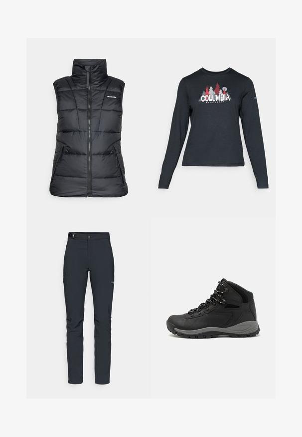 Fekete puffernyakkendő, magas gallérral, cipzáros elejével és két oldalsó zsebbel. Steppelt mintával és logóval a bal mellkasi részen.; Hosszú ujjú, sötétszürke ing piros fákkal és hegyekkel díszítve; a "COLUMBIA" logó vastag fehér betűkkel. Puha anyag, klasszikus kerek nyakkivágás.; Férfi kültéri nadrág, sötétszürke, rugalmas anyagból készült, övvel, cipzáros zsebekkel és megerősített varratokkal.; Fekete túracipő közepes magasságú kialakítással, texturált felsőrésszel, szürke részletekkel és strapabíró gumitalppal, amelynek tapadós kiemelkedései vannak.