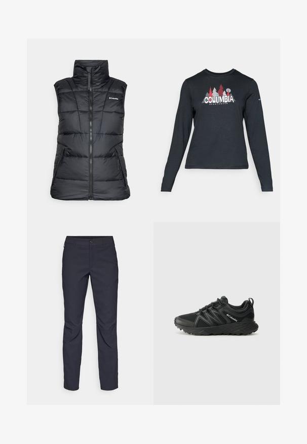 Czarna kamizelka puchowa z wysokim kołnierzem, zamkiem z przodu i dwoma bocznymi kieszeniami. Zawiera pikowany wzór oraz logo po lewej stronie klatki piersiowej.; Długie rękawy, ciemnoszara koszula z grafiką czerwonych drzew i gór; logo "COLUMBIA" w wyraźnym białym tekście. Miękka tkanina, standardowy okrągły dekolt.; Granatowe spodnie wykonane z gładkiego materiału, z zapięciem na guziki z przodu, wąskim kroju oraz detalami w postaci prasowania na kolanach.; Columbia PEAKFREAK czarny