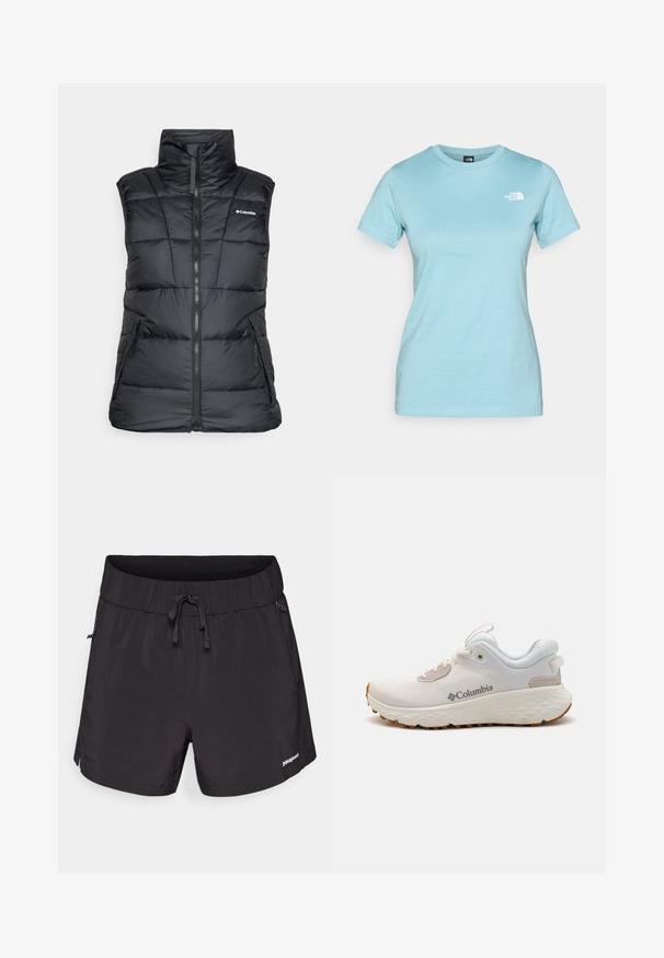 Gilet matelassé noir avec col haut, fermeture éclair sur le devant et deux poches latérales. Présente un motif matelassé et un logo sur la zone gauche de la poitrine.; T-shirt en coton bleu clair à manches courtes et col rond ; présente un petit logo blanc sur la partie supérieure gauche de la poitrine.; Shorts de bain noirs en tissu léger, dotés d'une taille élastique, d'un cordon de serrage et de poches latérales pour plus de fonctionnalité.; Chaussure de sport Columbia légère en mesh blanc avec une semelle texturée grise et une traction en caoutchouc. Dotée d'un collier rembourré et d'un design à lacets.