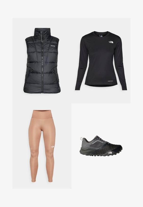 Černá péřová vesta s vysokým límcem, zipem vpředu a dvěma bočními kapsami. Obsahuje prošívaný vzor a logo na levé části hrudi.; The North Face SHADOW LONG SLEEVE - Top s dlouhým rukávem - black; Vysoké, těsně přiléhající legíny v světle hnědé barvě. Vyrobené z hladkého, pružného materiálu s bílým logem na levém stehně.; Běžecká obuv do terénu v tmavě šedé barvě s černými akcenty, s vrškem z prodyšné síťoviny, texturovanou podrážkou a výrazným logem na boční straně.