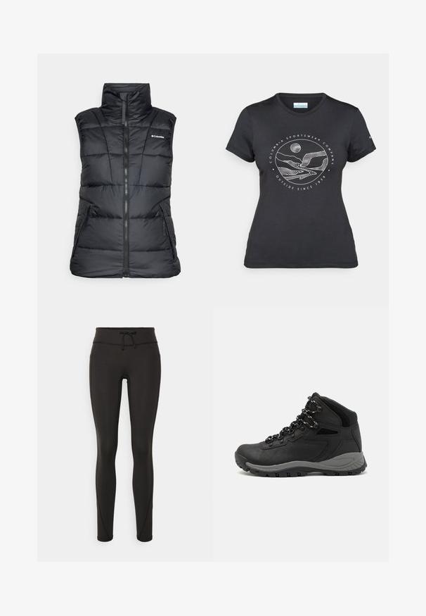 Black puffer vest with high collar, zip front, and two side pockets. Features quilted pattern and logo on the left chest area.; Black Columbia t-shirt with white circular mountain and river line art and text "Columbia Sportswear Company Outside Since 1938."; Black leggings with a high waistband, drawstring, smooth texture, and fitted design. Features stitching details along the sides.; Black hiking boot with a mid-top design, featuring a textured upper, gray accents, and durable rubber sole with traction lugs.