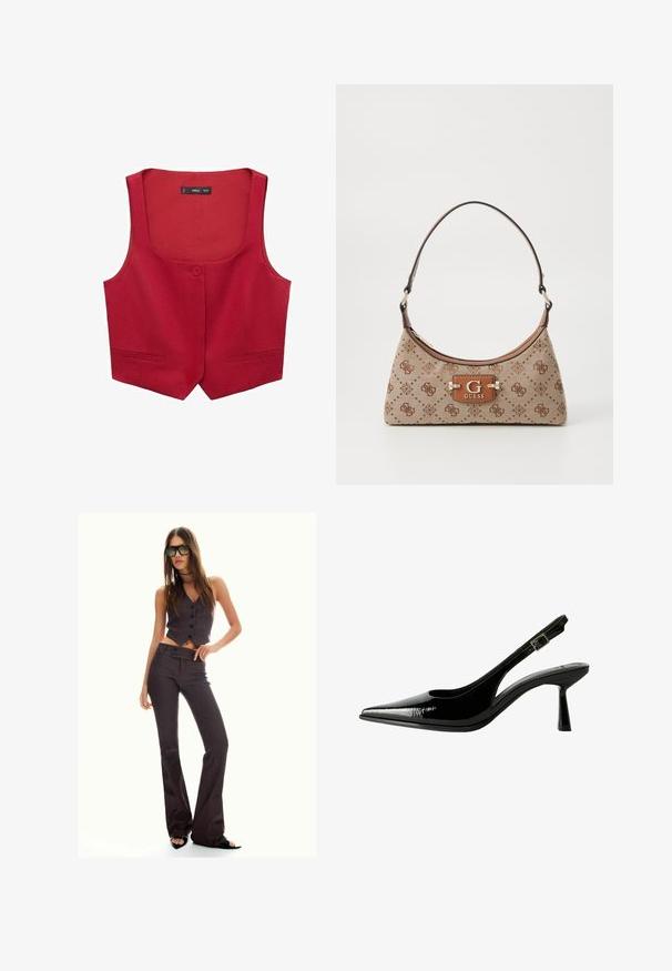 Rdeča brezrokavnik iz blaga, ki ima okroglo ovratnico, enojno zaponko spredaj in dva stranska žepa.; Bela dolga majica z rokavi in čolničastim izrezom. Narejena iz mehkega materiala, ima razširjene rokave in ravno robno obdelavo, kar ponuja preprost in vsestranski dizajn.; Rjav prugast brezrokavnik in široke hlače, ki sta okrašeni z gumbi in teksturirano tkanino. Črne sandale z odprtimi prsti in oversize sončna očala.; Črne lakirane slingback čevlje s koničastim nosom, izrezanimi stranicami, nastavljivim gležnjarjem in tankim, elegantnim peto.; Torba iz bež tkanine z rjavimi vzorčenimi detajli. Ima ukrivljeno obliko, en sam ročaj in spredaj logotipno ploščico s srebrnim okovjem.