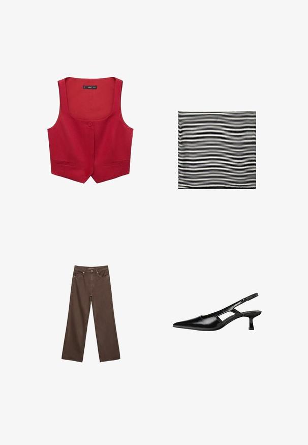 Röd ärmlös väst i tyg, med rundad hals, en knappstängning framtill och två sidofickor.; Svart kortärmad V-ringad T-shirt med en enkel, figurnära design på en vit bakgrund.; Breda bruna jeans i denim med hög midja, framfickor och klassisk knäppning. Slät textur med subtil sömnad.; Svart lackläder slingback-klackar med spetsig tå, utskuren sidor och en liten fyrkantig klack. Slät textur med minimala accenter.; Svart och vit randig scarf, tillverkad av lättviktsmaterial. Fyrkantig form med jämna, alternerande ränder av varierande bredd. Mjuk textur.