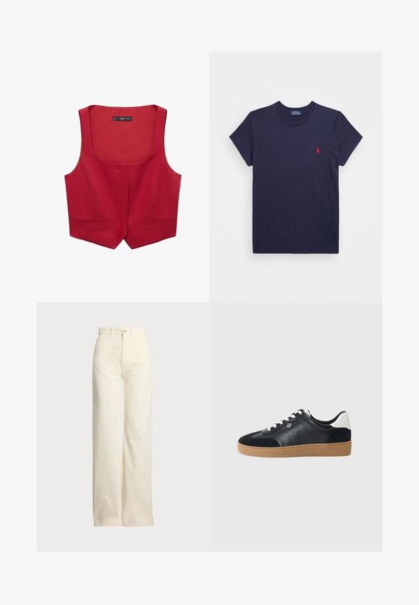 Rdeča brezrokavnik iz blaga, ki ima okroglo ovratnico, enojno zaponko spredaj in dva stranska žepa.; Temno modra bombažna majica s kratkimi rokavi in okroglo vratno izreza. Ima majhen rdeč vezen logotip na levem prsnem delu.; Polo Ralph Lauren COTTON CORDUROY WIDE-LEG PANT - Hlače - warm white; Črne usnjene in semiš tenisice z lahkim rjavim gumijastim podplatom. Imajo bele vezalke in majhne perforacije ob straneh. Prikazana je logo Michael Kors.