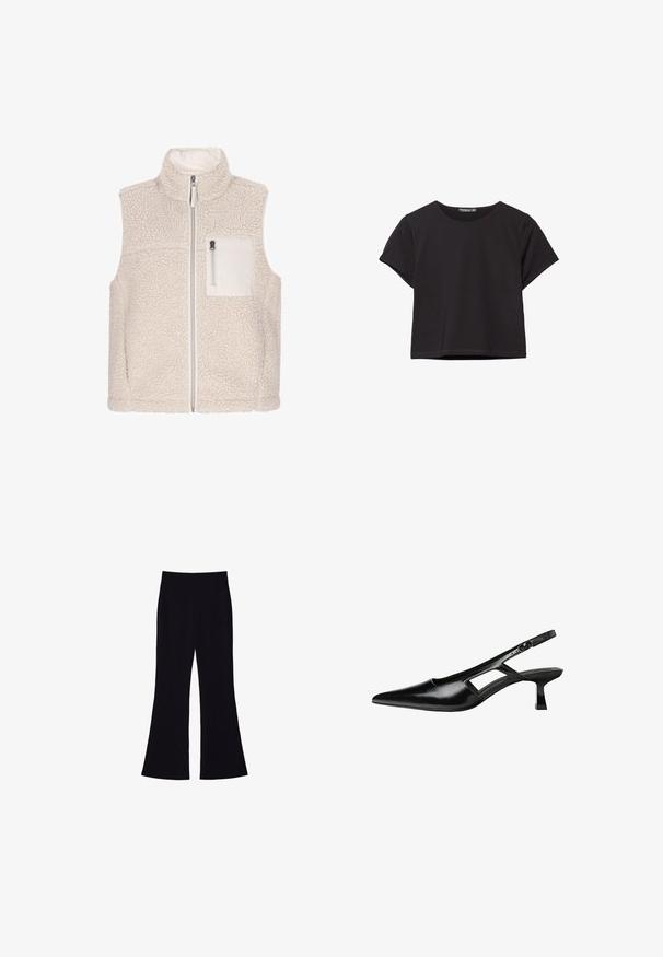 Schmuddelwedda Liivi - stein; Musta lyhythihainen crop-top pehmeästä kankaasta, jossa on pyöreä kaula-aukko ja rento istuvuus siistillä helmalla.; Mustat leveälahkeiset housut, joissa on korkea vyötärö ja ei näkyviä taskuja tai nappia, esiteltynä valkoista taustaa vasten.; Mustat lakatut nahkakengät, joissa on viistopää, leikattu sivusuunnassa ja pieni neliökoroke. Sujuva pinta, jossa on minimaalinen koristelu.