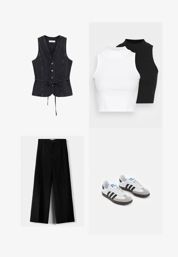 Gilet in denim nero con scollatura a V profonda, cinque bottoni argentati e una cintura in vita. Texture liscia senza motivi visibili.; Due top in maglia senza maniche, a collo alto, in nero e bianco, con un design aderente e una superficie liscia, di lunghezza cropped.; Pantaloni neri a gamba larga realizzati in tessuto leggero, caratterizzati da una chiusura frontale con bottone e frontale piatto, con orli cuciti con precisione.; Scarpe sportive con tomaia in pelle bianca, punta in suede grigia e tre strisce nere. Presentano un logo blu sulla linguetta e una suola in gomma testurizzata.