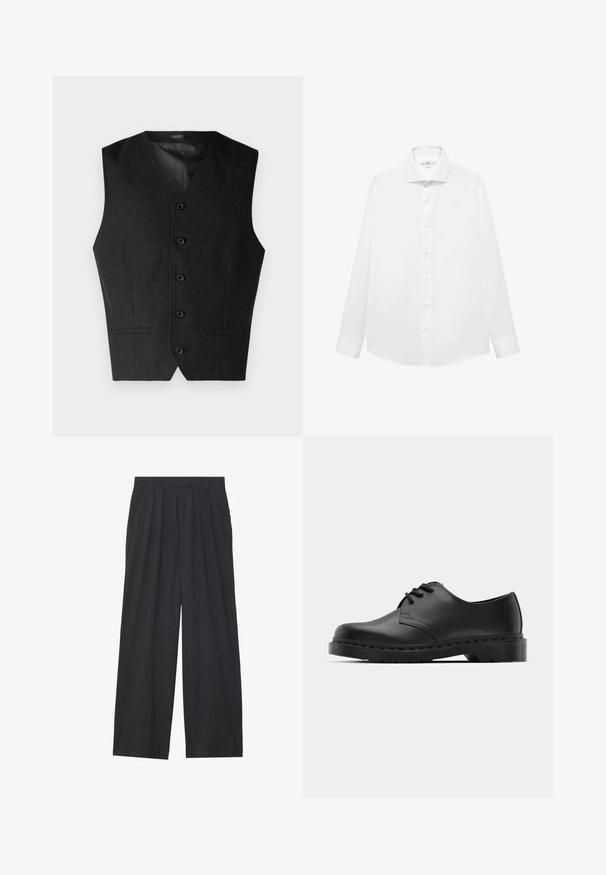 Dunkelgraue Weste mit V-Ausschnitt, fünf Knöpfen und zwei Vorderaschen, aus strukturiertem Stoff mit glattem Innenfutter.; Weißes langärmliges Hemd aus glattem Baumwollstoff mit spitzem Kragen, Knopfleiste und geradem Saum.; Weit geschnittene Hosen aus dunkelgrauem Stoff. Merkmale sind Falten an der Taille, ein maßgeschneiderter Schnitt und eine gerade Silhouette.; Schwarze Leder-Oxford-Schuhe mit Schnürdesign, runder Zehenform, flacher Gummisohle und subtilen Nähten entlang des oberen Teils.
