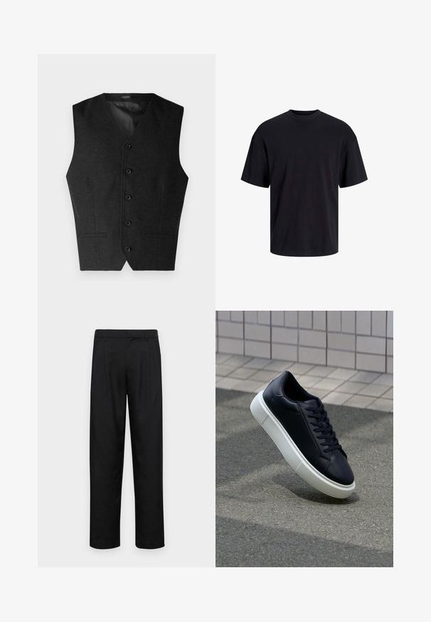 Tamsiai pilka liemenė su V formos iškirpte, penkiais sagų ir dviem priekinėmis kišenėmis, pagaminta iš tekstūruotos medžiagos su lygiu vidiniu pamušalu.; Juodas medvilninis marškinėlis su apvaliu iškirpimu, trumpomis rankovėmis ir laisvu siluetu. Glotni tekstūra, be matomų raštų ar akcentų.; Juodi kelnių modeliai, pagaminti iš lygios medžiagos, turi tiesią kojas, du priekiniai klostės ir standartinę juosmenį su diržo kilpomis.; Juodas odinis sportbačius su apvaliu pirštu ir baltu gumuotu padu. Turi plokščias raišteles ir minimalų siuvimą viršuje. Padangos tekstūra užtikrina sukibimą.