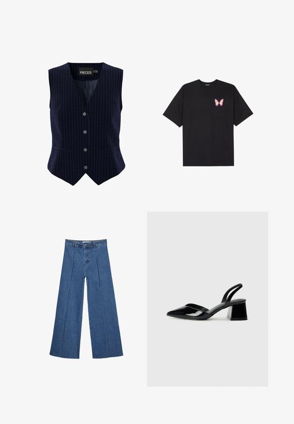 Mörkblå randig väst med fem knappar, V-halsdesign och två sidofickor. Tillverkad av slät tyg med en strukturerad passform.; Svart bomullströja med korta ärmar, med en liten rosa fjärilsgrafik på vänster bröst. Rundad halsdesign med en avslappnad passform.; Vidbenade denimjeans i medelblått, med hög midja, knäppning och kontrasterande vertikala sömdetaljer längst fram.; Svarta lackläder slingback klackar med spetsig tå och geometrisk klack. Har en elegant, minimalistisk design och slät yta.