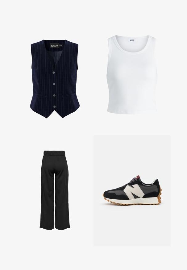 Granatowy kamizelka w prążki z pięcioma guzikami, o dekolcie w kształcie litery V, oraz dwoma bocznymi kieszeniami. Wykonana z gładkiego materiału o dopasowanym kroju.; Biały prążkowany top na ramiączkach z okrągłym dekoltem, bez rękawów i skróconej długości. Metka z napisem "JJXX." Gładka faktura materiału.; Czarne, szerokie spodnie z elastycznym pasem, wykonane z gładkiego materiału. Charakteryzują się prostym wzornictwem, bez kieszeni i widocznych szwów.; Czarno-szare zamszowe sneakersy z dużym kremowym logo "N", purpurowymi sznurówkami i teksturowaną gumową podeszwą.