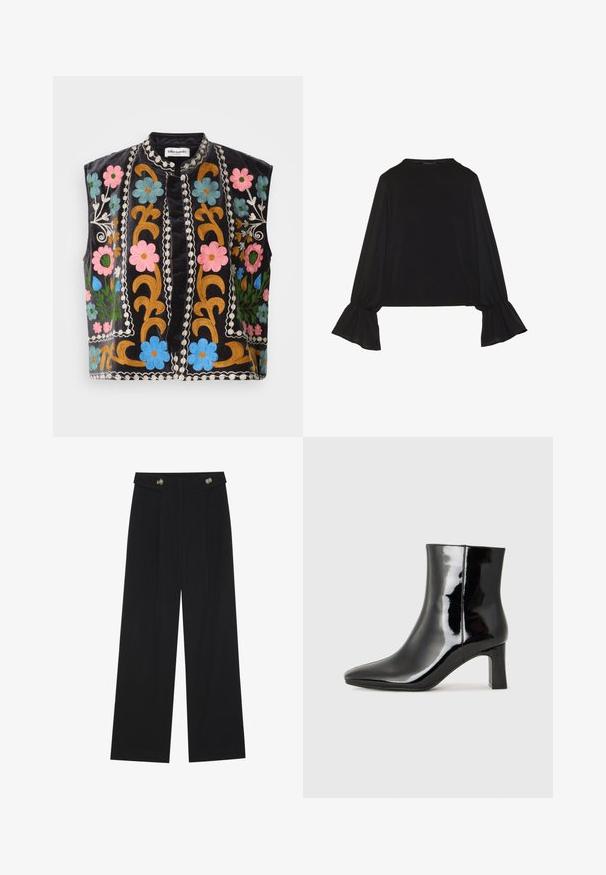 Černá sametová vesta se zdobením v pestrých květinových motivech v růžové, modré a zelené barvě, s propracovanými zlatými a bílými detaily podél okrajů.; Černý top s dlouhými rukávy, který má rozšířené manžety, jemnou texturu a volný střih, s jednoduchým kulatým výstřihem.; Černé široké kalhoty s vysokým pasem, detailní knoflíky na pase a přední záhyby.; Černé lakované kotníkové boty s špičatou špičkou a středně vysokým blokovým podpatkem. Hladká textura a minimalistický design.
