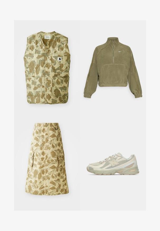 Vest s kamuflážovým vzorom a prešívaným dizajnom, s výstrihom do V, štyrmi vreckami a štítkom s logom. Materiály sú odolné a ľahké.; Olivový flísový pulóver so seizivým zipsom, prednou kapsou a logom Nike. Poskytuje elastické manžety a jemné švy.; Khaki sukňa s camouflage vzorom, vyrobená z hladkého materiálu, s elastickým pásom a dvoma bočnými vreckami.; Ľahké tenisky s vrchom z jemnej sieťoviny v béžovej a krémovej farbe, s výrazným logom "N", polstrovanou podrážkou a štruktúrovanými akcentmi.