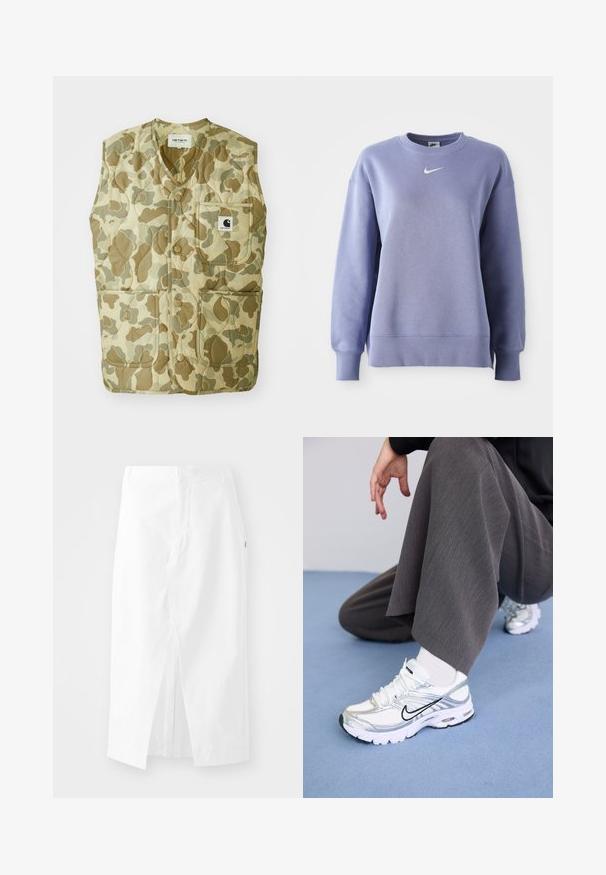 Camouflage-patterned vest with a quilted design, featuring a v-neck, four pockets, and a tag with a logo. Materials are durable and lightweight.; Light purple, crew-neck sweatshirt made of soft fabric; features ribbed cuffs and hem with a small white Nike logo on the chest.; White cotton midi skirt with a straight cut, side slit, and concealed zipper. Smooth texture, minimal design features, and no visible embellishments.; White and silver athletic shoes with mesh and synthetic materials, featuring black accent lines, laces, and textured soles.