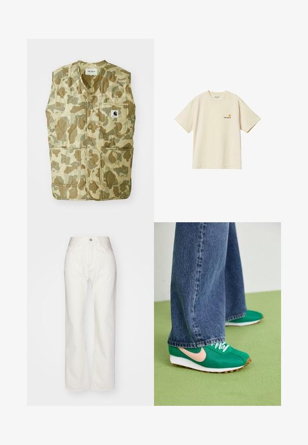 Gilet con motivo camouflage, caratterizzato da un design trapuntato, collo a V, quattro tasche e un'etichetta con logo. I materiali sono resistenti e leggeri.; T-shirt in cotone color crema con maniche corte e collo a giro. Presenta un piccolo logo Carhartt arancione sul lato sinistro del petto.; Pantaloni in denim bianco con vita alta e taglio ampio. Presentano chiusura con bottone e zip, passanti per cintura e dettagli di cucitura sottili.; Scarpe da allenamento verdi con swoosh rosa, design con lacci, tessuto testurizzato e suole in gomma bianca. Abbinato a pantaloni di jeans blu larghi.