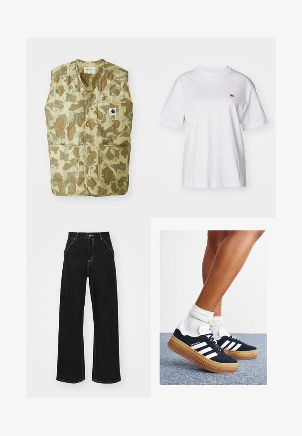 Kamuflasjemønstrete vest med quiltet design, med v-hals, fire lommer og en etikett med logo. Materialene er slitesterke og lette.; Hvit bomulls t-skjorte med avslappet passform, korte ermer og en liten brodert logo på venstre brystområde.; Svarte vide jeans laget av denim, med kontrasterende hvite sømmer og en frontknapplukking, samt to skrå frontlommer.; Svarte sneakers i semsket skinn med hvite striper og detaljer, rund tå, yttersåle i gummigummi, kombinert med hvite ribbestrikkede crew-sokker.