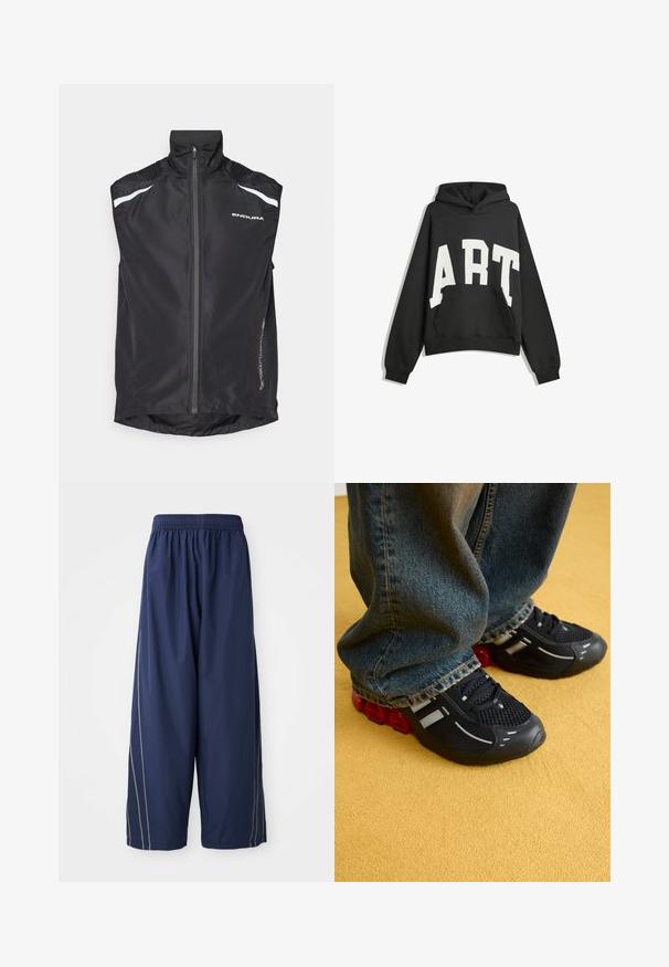 Crna biciklistička prsluk s visokim ovratnikom, prednjim patentnim zatvaračem, reflektirajućim bijelim detaljima i teksturiranim ramenima. Ima zaobljeni rub na leđima.; Crna dukserica s bijelim natpisom "ART". Ima prednju džepu, duge rukave i kapuljaču. Izrađena je od mekanog materijala s opuštenim krojem.; Pantalone tamnoplave boje, širokog kroja s elastičnom waistband i bočnim prugama svjetlije nijanse. Izrađeni od glatkog, laganog materijala.; Crne atletske cipele s mrežastim gornjim dijelom, sjajnim detaljima i crvenim jastučićima na potplatu, u kombinaciji s plavim trapericama.