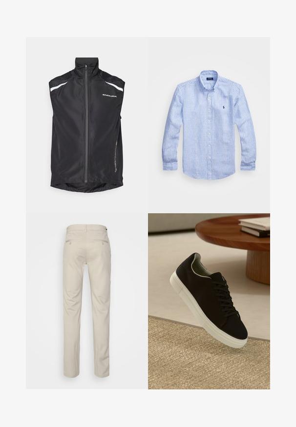 Vesta de ciclism neagră cu guler înalt, fermoar frontal, accente albe reflectorizante și detalii texturate pe umeri. Prezintă un tiv rotunjit în spate.; Cămașă cu dungi albastre și albe, cu mânecă lungă, fabricată din bumbac, având un guler cu nasturi, nasturi pe față și un mic logo brodat pe piept.; Pantaloni bej cu o textură netedă, croială dreaptă, două buzunare laterale cu nasturi și un brâu standard.; Pantof din material textil negru, cu talpă albă, plutind deasupra unui covor texturat bej, lângă o masă rotundă din lemn cu cărți stivuite.