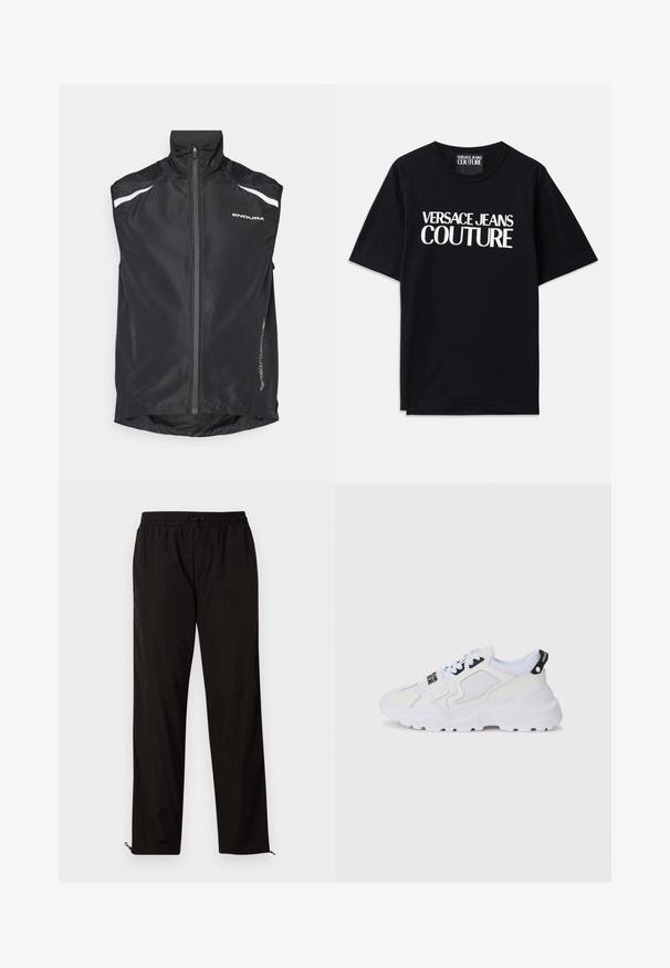 Svart sykkelvest med høy krage, frontglidelås, reflekterende hvite detaljer og teksturert skulderdesign. Har en avrundet kant bak.; Svart bomullst-skjorte med korte ermer, prydet med stor hvit tekst "VERSACE JEANS COUTURE" på forsiden. Klassisk rund hals design.; Sorte, lette bukser med elastisk linning, snøring og glidelås i nederkant for justerbar passform. Glatt, slank tekstur.; Hvite atletiske joggesko med mesh-ovdel, tykk såle og svarte detaljer med trykt merkevare. Teksturert og strukturert design.
