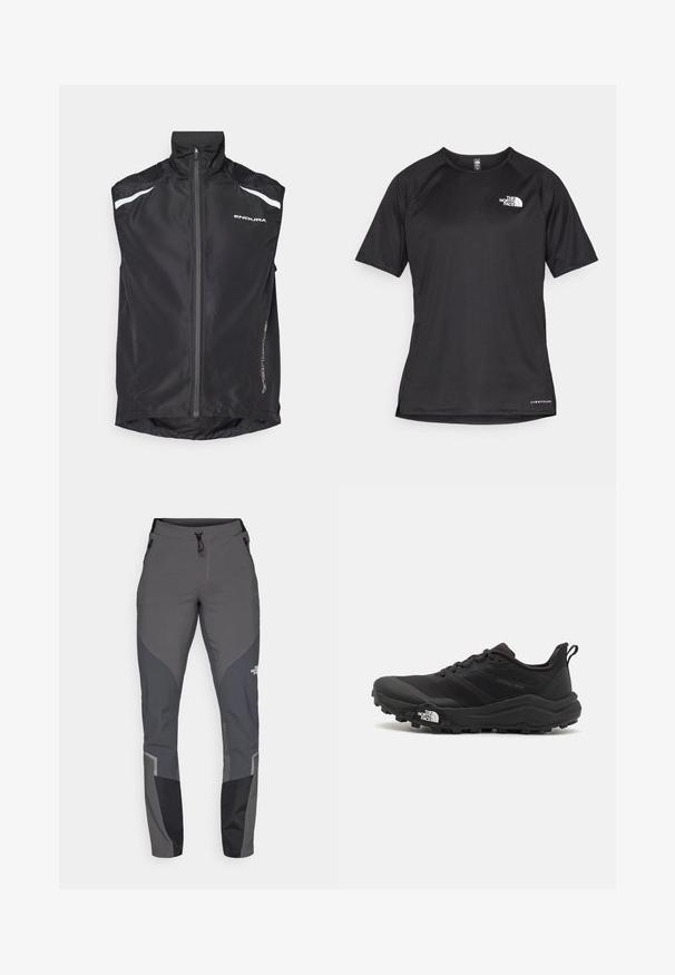 Black cycling vest with a high collar, front zipper, reflective white accents, and textured shoulder detailing. Features a rounded hem at the back.; Black short-sleeve athletic shirt with a textured fabric, featuring a white logo on the left chest and a straight hem.; Grey hiking pants featuring a tapered design, multiple pockets, and contrasting dark grey and black accents. Made from a flexible, durable material.; Black trail running shoe with a textured upper, rubber sole, and reinforced toe cap. Features a padded collar and pull tab for easy wear.