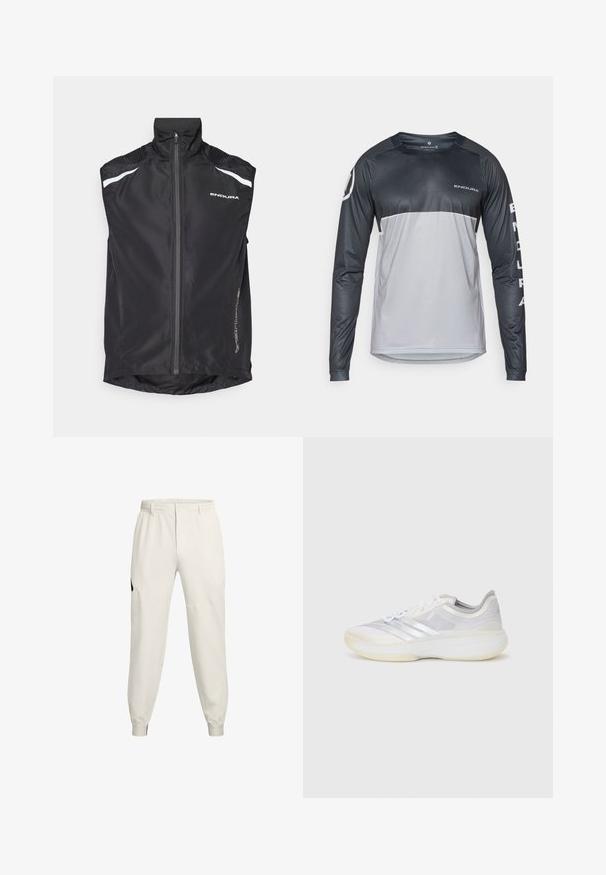 Czarna kamizelka rowerowa z wysokim kołnierzem, zamkiem błyskawicznym z przodu, odblaskowymi białymi akcentami i teksturowanym wykończeniem na ramionach. Posiada zaokrąglony dół z tyłu.; Długi rękaw koszulka rowerowa w czerni i szarości, z okrągłym dekoltem, gładką teksturą i akcentami logo na klatce piersiowej oraz rękawie.; Jasno-beżowe spodnie dresowe z elastycznym pasem, bocznymi kieszeniami i ściągaczami; posiadają czarny akcent logo na lewej biodrze.; Buty sportowe z białej siateczki i materiałów syntetycznych z dodatkami w kolorze srebrnym; wyposażone w wyściełany kołnierz, sznurówki oraz grubą podeszwę dla lepszego wsparcia.