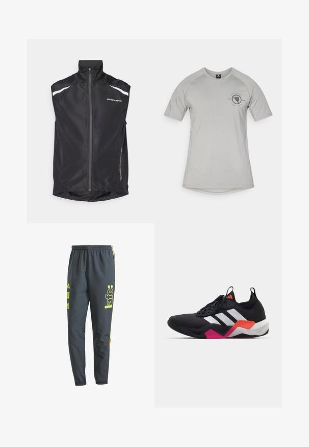 Schwarze Radweste mit hohem Kragen, Frontreißverschluss, reflektierenden weißen Akzenten und strukturierten Schulterdetails. Mit abgerundetem Saum hinten.; Hellgraues, kurzärmeliges T-Shirt aus weichem Material. Mit Rundhalsausschnitt, Raglanärmeln und einem kreisförmigen Logodesign auf der linken Brust.; Dunkelgraue Sporthosen aus leichtem Material. Mit neongelber Markenkennzeichnung und Akzenten. Elastischer Bund und taillierter Schnitt.; Schwarzer Sportschuh mit weißen Streifen, strukturierter Oberseite und einer klobigen Sohle, die orangefarbene, rosa und weiße Akzente aufweist. Geflochtenes Design mit Zugschlaufe.