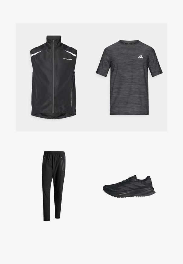 Black cycling vest with a high collar, front zipper, reflective white accents, and textured shoulder detailing. Features a rounded hem at the back.; Short-sleeved athletic shirt in dark gray, featuring a textured, heathered design and a white logo on the left chest.; Black athletic pants with an elastic waistband, two zippered side pockets, tapered legs, and a subtle logo detail on the hip.; Black Adidas running shoe with Gore-Tex upper, three stripes on the side, and "Dreamstrike" on the sole, viewed from the outer side.