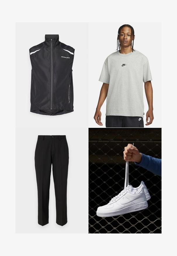 Čierny cyklistický vest s vysokým golierom, predným zipsom, reflexnými bielymi akcentami a štruktúrovanými detailami na pleciach. Má zaoblený lem na chrbte.; Mladý človek s vrkôčikmi, oblečený v svetlošedé tričko Nike a čierne šortky Nike, na pozadí bielej steny.; Čierne nohavice z hladkej tkaniny s rovnými nohavicami, prednými vreckami, jedným gombíkom na zapínanie a bez viditeľných vzorov.; Biele kožené tenisky s perforáciami, okrúhlou špičkou, plochou podrážkou a hrubými šnúrkami, pričom majú viditeľné logo swoosh a nápis "AIR" na päte.