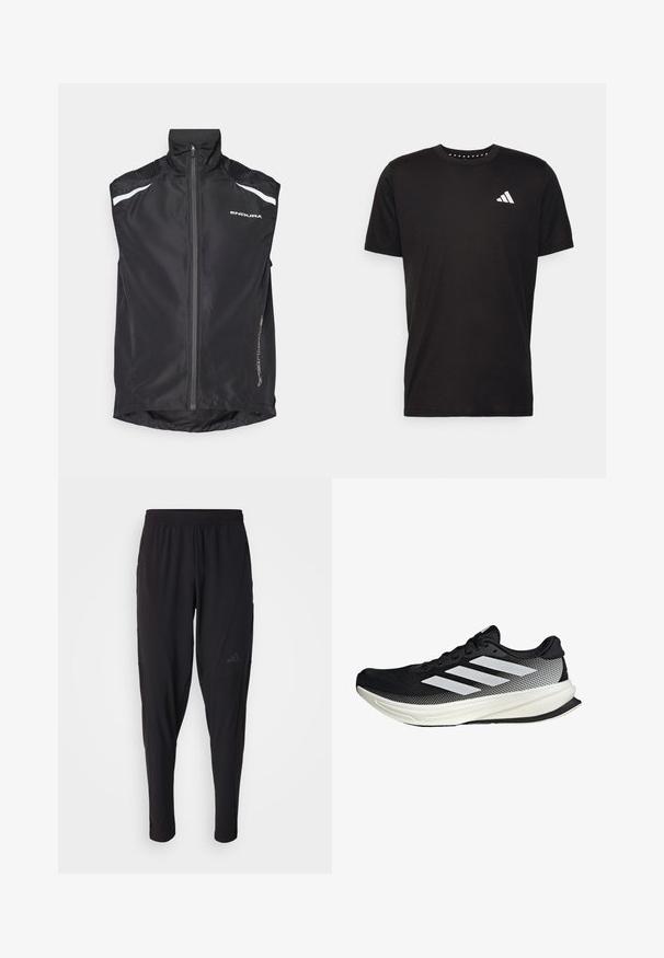 Černá cyklistická vesta s vysokým límcem, předním zipem, reflexními bílými detaily a texturovanými ramenními prvky. Na zadní straně má zaoblený lem.; Černé bavlněné tričko s krátkým rukávem, kulatým výstřihem a bílým logem na levé hrudi. Hladká textura a jednoduchý design.; Černé sportovní kalhoty s elastickým páskem, zúženým střihem, bočními kapsami a nenápadným logem. Vyrobeno z pružné, prodyšné látky.; Černá sportovní boty s síťovaným designem, s bílými pruhy, zaoblenou špičkou a texturovanou podrážkou pro lepší přilnavost a oporu.