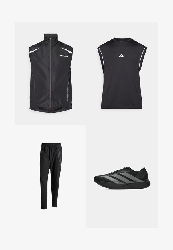 Mustern mustrupp mantli mustritega kraega, esimesel nööbitud, helendavad valged aktsendid ja tekstuuriga õlavarre detailid. Tagumine serv on ümardatud.; Must muströga varrukat sportlik särk ümmarguse kaelusega, valge Adidas logo rinnal ja valged aktsentjooned õlgade juures. Sile kangast tekstuur.; Mustavad spordipüksid elastse vöökoha, kahe tõmblukuga küljetasku, kitsenevate säärete ning õrna logodetailiga puusadel.; Must have mustangid! Need light and trendy athletic shoes? These black sneakers have a streamlined design featuring three large hallal gray stripes. Their smooth texture and ergonomically contoured sole provide ultimate comfort.