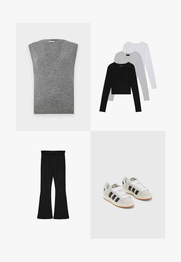 Pilkas be rankovių V formos megztinis, pagamintas iš minkštos medžiagos, su lygiu paviršiumi ir raukiniais apykaklėje. Paprastas dizainas, be raštų ar akcentų.; Trijų ilgomis rankovėmis marškinėlių krūva: juodas, pilkas ir baltas. Kiekvienas turi apvalų iškirpimą ir trumpą dizainą, pagamintas iš lygaus, lengvo audinio.; Juodos flared tipo legginsai, pagaminti iš tamprios medžiagos. Yra platus juosmuo ir lygus paviršius, su prie kūno priglundančiu siluetu, kuris pločiasi ties apatine dalimi.; Grynos zomšos sneakeriai su baltais raišteliais, juodomis juostelėmis ir balta gumine sole. Turintys apskritą logotipą ant liežuvėlio ir guminę sole.