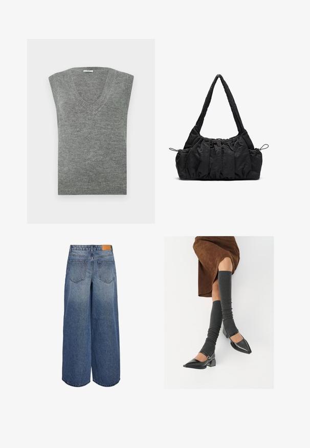Šedý bezramínkový svetr s výstřihem do V vyrobený z měkkého materiálu s hladkým povrchem a žebrovaným výstřihem. Jednoduchý design, bez vzorů či akcentů.; Bílý dlouhý rukáv crop top vyrobený z žebrované tkaniny. Má kulatý výstřih a přiléhavý střih. Nálepka viditelná uvnitř u krku.; Kratší denimpantalony s širokými nohavicemi v modré barvě s vybledlým efektem, se dvěma zadními kapsami a hnědou koženou značkovou visačkou na pase.; Černé lakované boty s špičatou špičkou, blokovým podpatkem a kotníkovým páskem, spárované s šedými žebrovanými návleky na nohy a hnědskou sukní z semiše.; Černá látková kabelka se skládáním, dvěma ramenními popruhy a stahovacími šňůrkami po stranách. Hladký, lehký materiál.