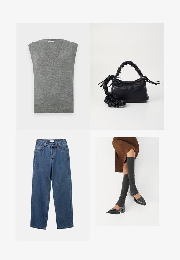 Grå, ærmeløs V-hals genser laget av mykt materiale med en glatt tekstur og ribbet halslinning. Enkelt design, uten mønstre eller detaljer.; YAS YASMILLE - Poloskjorter - black/star white; Klassiske blå denimjeans med rett ben-design, fem lommer og knappelukking. Har en middels vask og solid tekstur.; Sorte lakkpumps med spiss tå, blokkhel, og ankelstropp, kombinert med grå ribbestrikkede beinvarmere og et brunt semsket skinn skjørt.; Svart faux skinn-håndveske med krokodilletekstur, strammet topp og en rynket stropp. Ser myk og kompakt ut i designen.