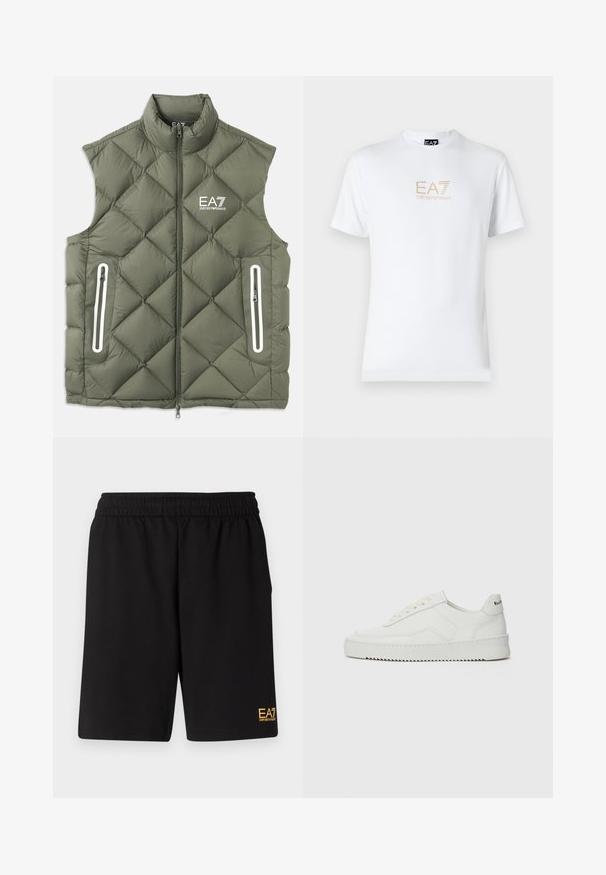 Olive zelena prešita puffer brezrokavnik z visokim ovratnikom, sprednjim zadrgo in dvema žepoma z zadrgo. Z belimi poudarki in logotipom na prsih.; Bela bombažna majica s krožnim izrezom in kratkimi rokavi, s pozlačenim logotipom EA7 Emporio Armani natisnjenim spredaj.; Črne športne kratke hlače iz mehkega blaga, z elastičnim pasom in majhnim rumenim logotipom EA7 na spodnjem levem delu noge.; Bela usnjena športna obutev z gladko površino, okroglo prst, ravne vezalke in teksturiran podplat. Ima diskretno logo na peti.