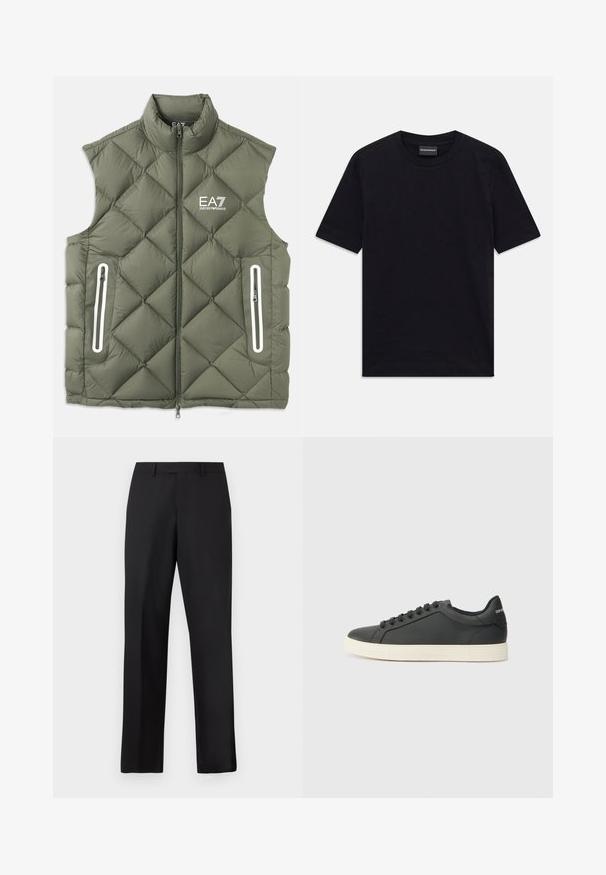 Maslinasto zelena podstavljena prsluk s visokim ovratnikom, prednjim patentnim zatvaračem i dva džepa sa patentnim zatvaračem. Ima bele akcentne detalje i logo na grudima.; Crna kratkotrajna majica s okruglim izrezom i suptilnim reljefnim uzorkom, s oznakom branda unutar ovratnika, položena ravno na bijeloj pozadini.; Crne hlače ravnih nogavica od glatkog materijala. Imaju standardni pojas i bez vidljivih uzoraka ili dodataka.; Crna kožna tenisica s niskim profilom, zaobljenim prstima i vezanjem; ima teksturiranu gumenu potplatu i detalj s logotipom na peti.